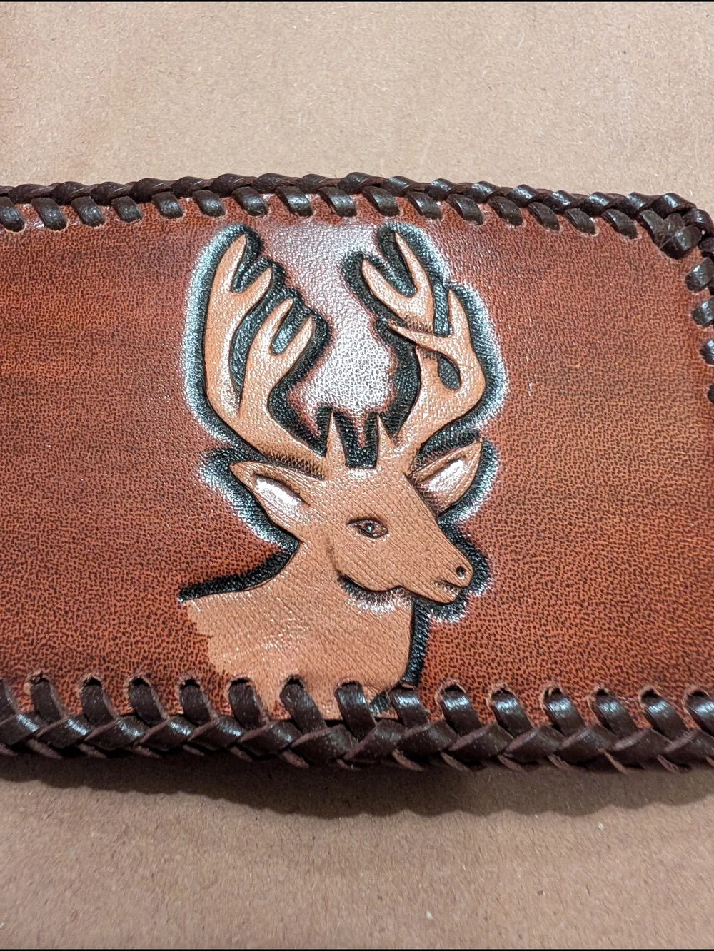 Brown Leather Belt Buckle with Deer Embossing